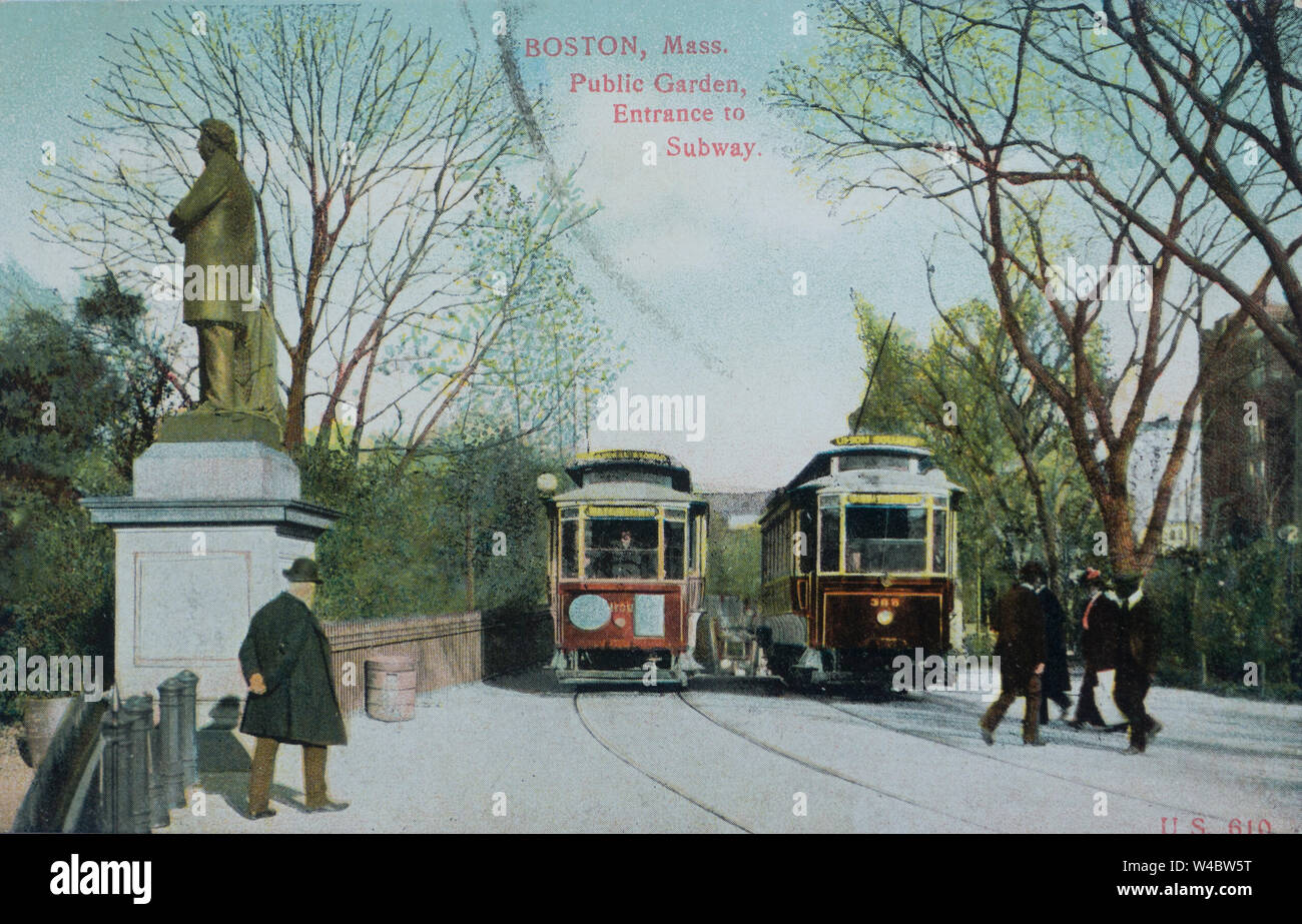 Vintage farbige Postkarte des den Public Garden in Boston, Massachusetts, USA mit Straßenbahnen, Eingang zur U-Bahn, im Jahr 1907 veröffentlicht Stockfoto