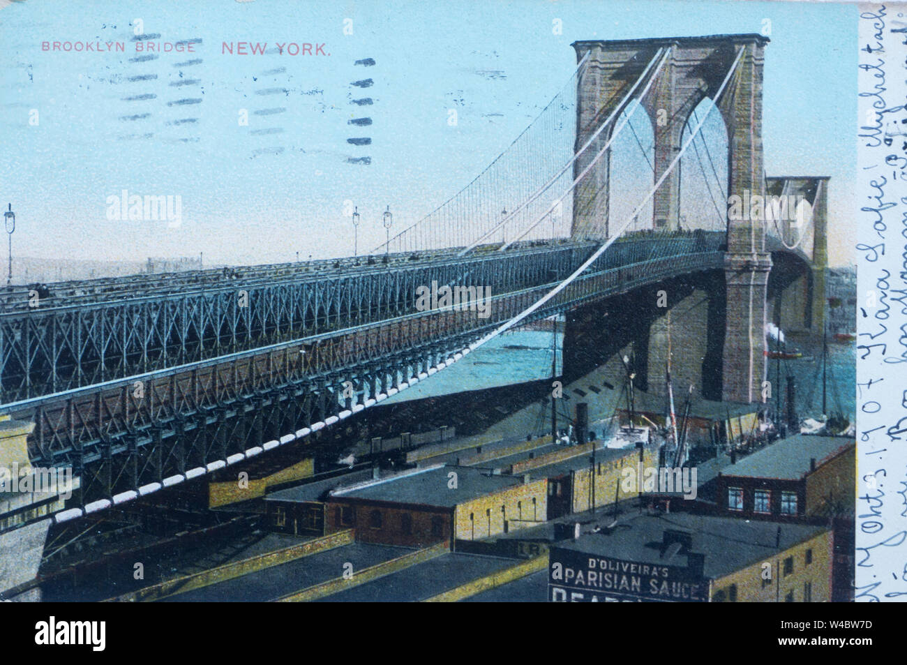 Alte Ansichtskarte der Brooklyn Bridge In New York USA mit Hand schriftliche Nachricht an der Seite, per E-Mail 1907 Stockfoto