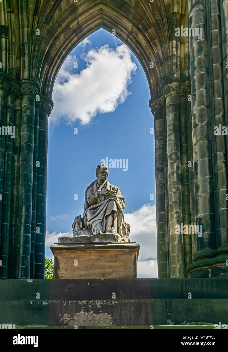 Statue von Sir Walter Scott unter dem Scott Monument in der Princes Street Gardens East aus der Princess Street in Edinburgh, Schottland Großbritannien Stockfoto