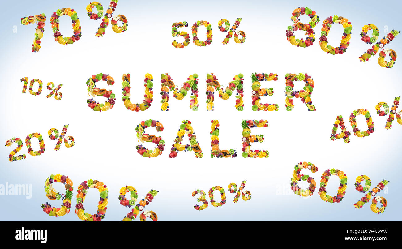 Summer Sale Worte aus tropischen und exotischen Früchten und Beeren. Werbung Banner Design für die Förderung. Kreative Typografie, Saisonale Rabatt post Stockfoto