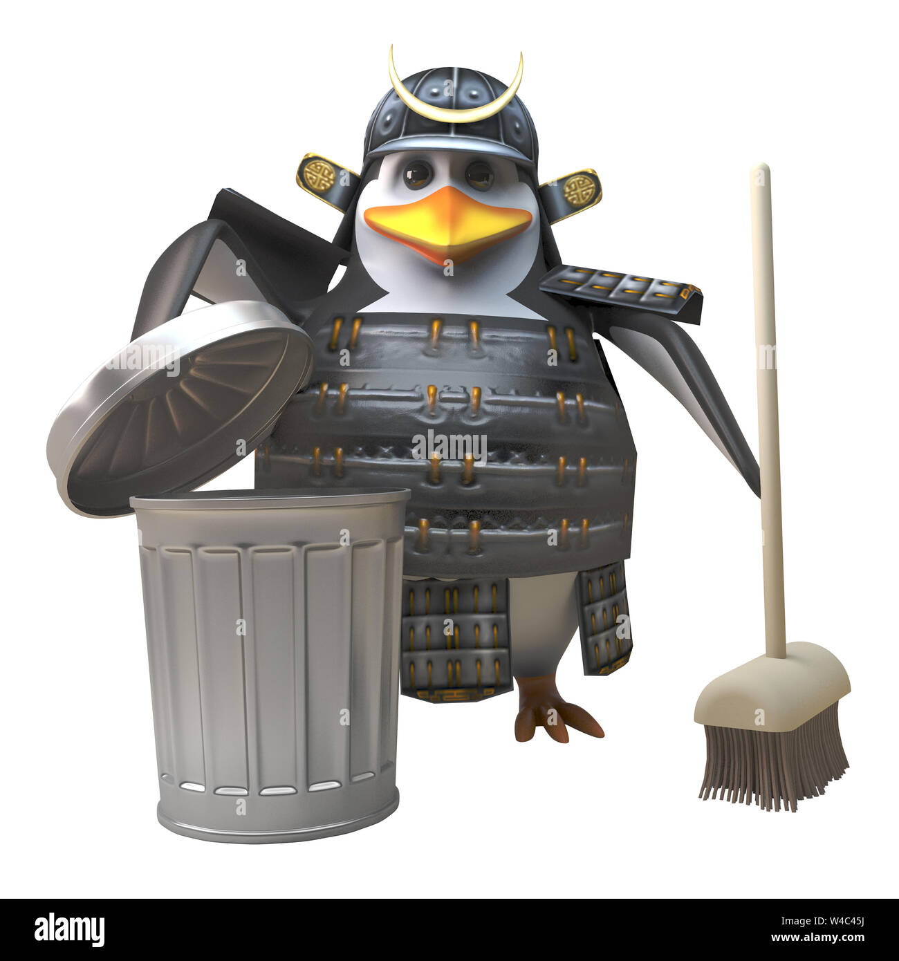 Edle pinguin Samurai Krieger in Rüstung räumt auf mit einem Besen, Mülleimer, 3d-Grafik rendern Stockfoto