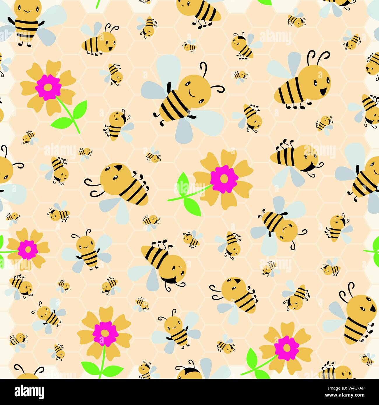 Cute cartoon Honig Bienen und Blumen auf subtile gelbe Honigwabe Hintergrund. Besetzt die nahtlose Vektor Muster. Toll für Kinder, Baby, Garten, Kindergarten Stock Vektor