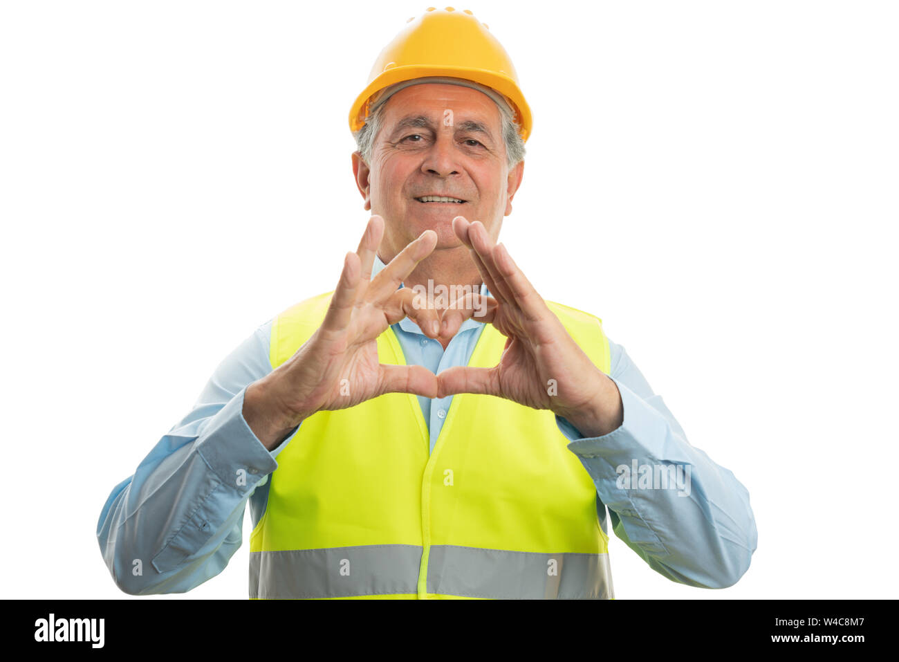 Alten männlichen Builder mit ernsten Ausdruck bis vier Finger zum Zählen Konzept auf weißem Hintergrund Stockfoto