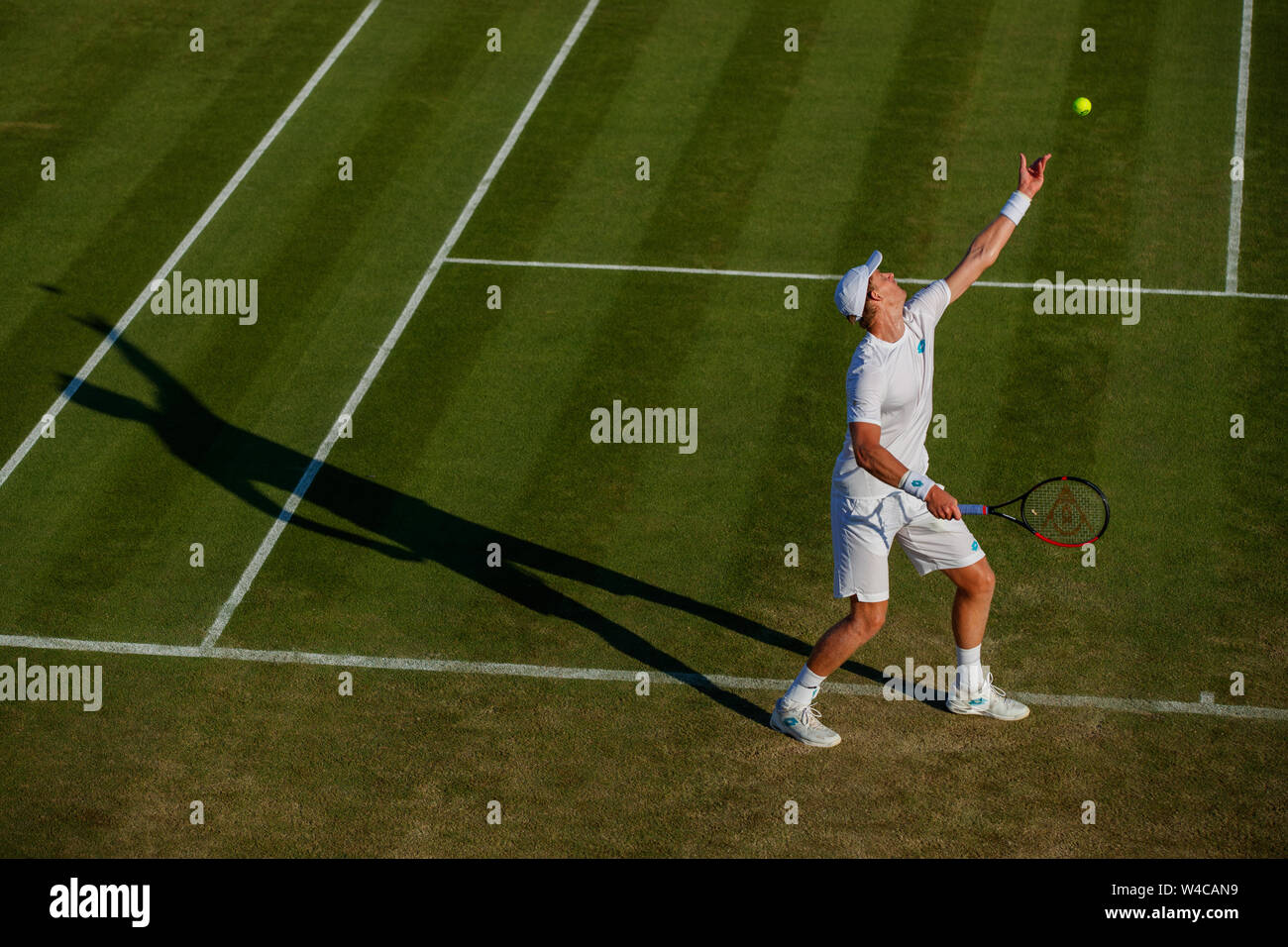 Kevin Anderson aus Südafrika. Die Meisterschaften 2019. Gehalten an der All England Lawn Tennis Club, Wimbledon. Stockfoto