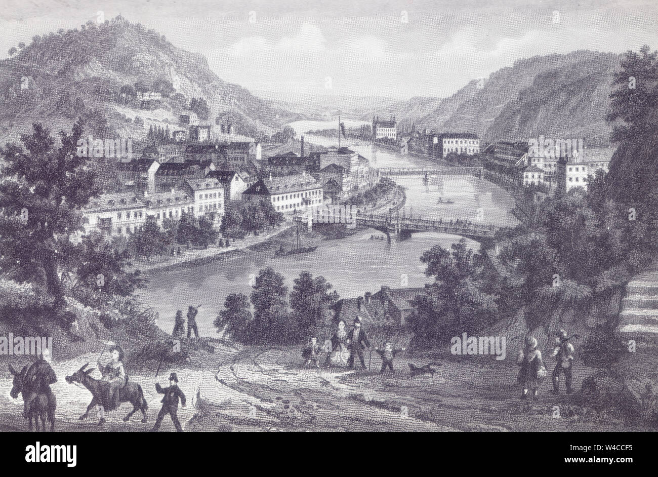 Historische Abbildung: Blick auf Bad Ems von F. Herchnheim ca. 1850 Stockfoto
