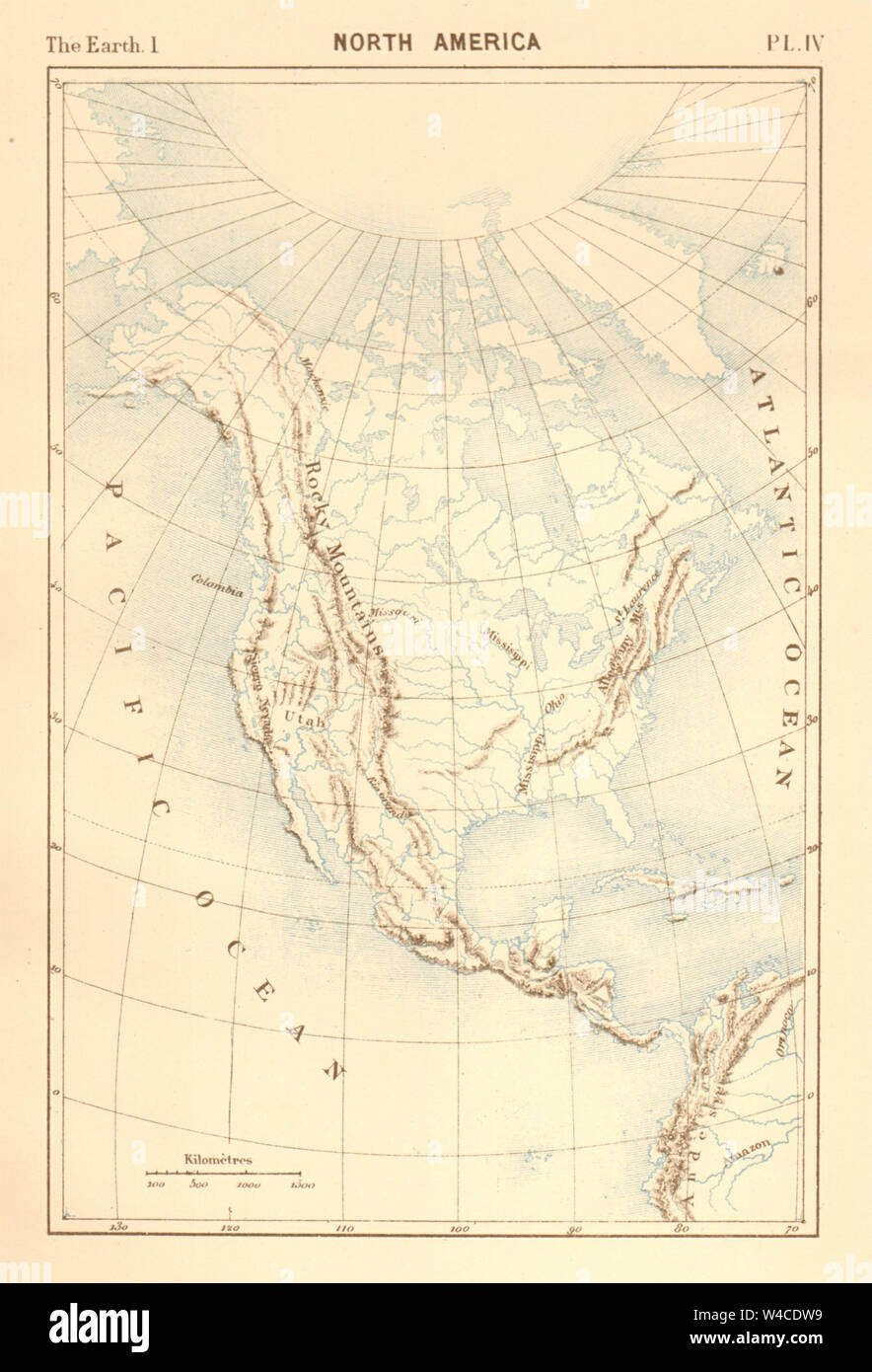 Nordamerika. Physische. Berge und Flüsse 1886 alte antike Karte plan plan Stockfoto