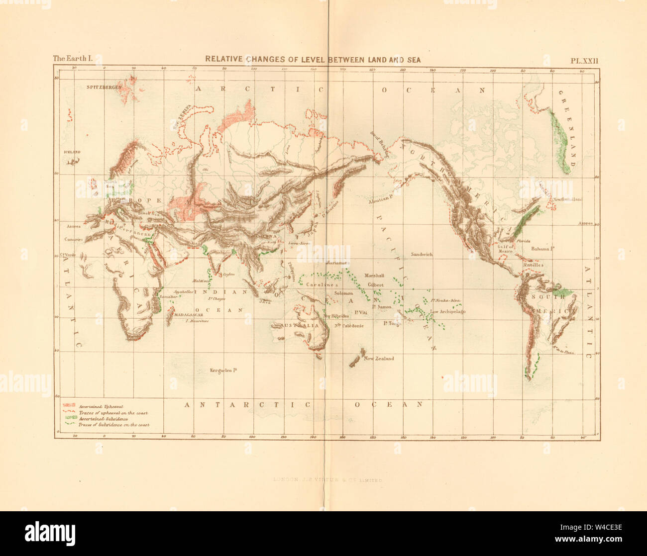 Relative Veränderungen der Ebene zwischen Land und Meer. Welt 1886 alte antike Karte Stockfoto