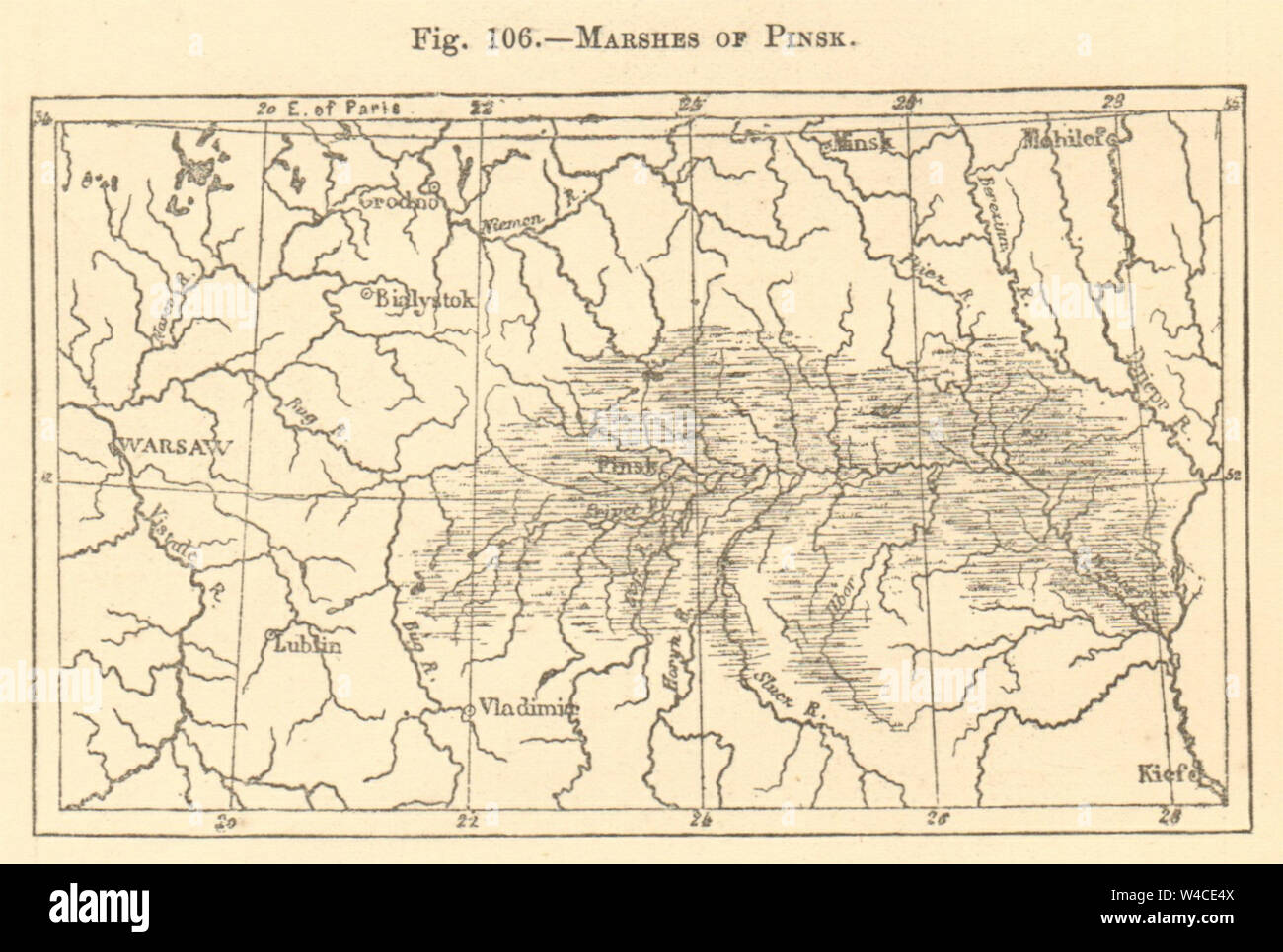 Pinsk Polesien Rokitno Pripet Marshes. Belarus Ukraine. Kleine Skizze Karte 1886 Stockfoto
