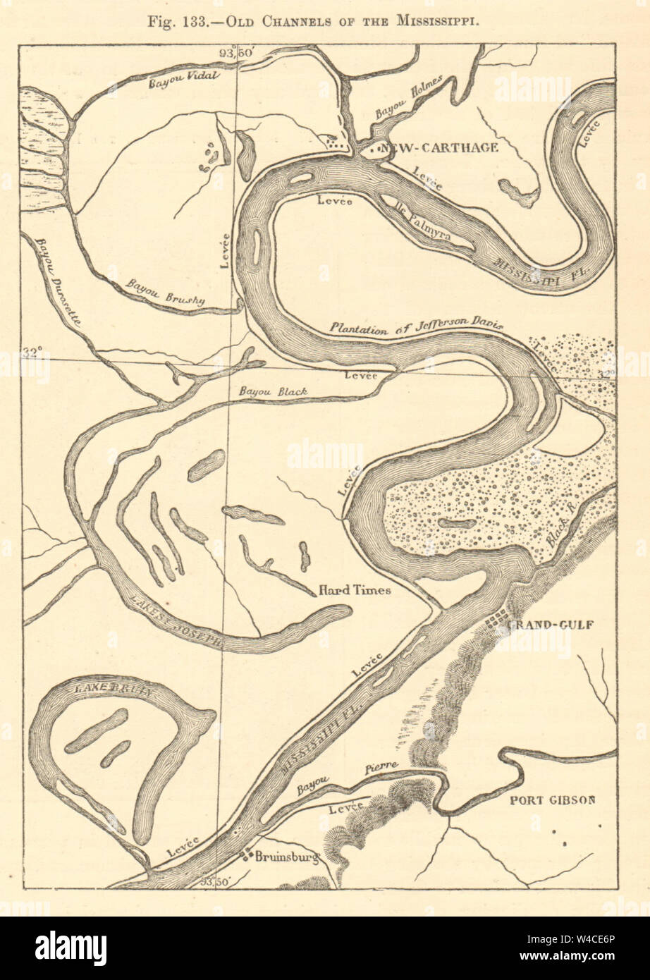 Mississippi alten Kanälen. Neue karthago Bruinsburg Grand Golf. Kartenskizze 1886 Stockfoto