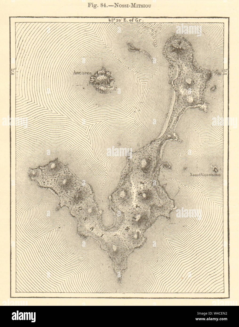Nossi-Mitsiou. Madagaskar. Nosi Mitsio. Kartenskizze 1886 alte antike Grafik Stockfoto