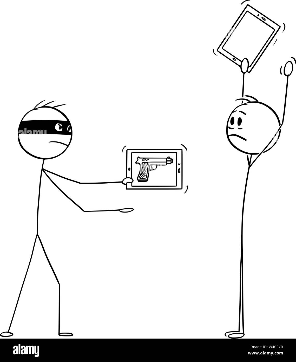 Vektor cartoon Strichmännchen Zeichnen konzeptionelle Darstellung der maskierten Kriminellen oder Räuber mit virtuellen Pistole, als Bild auf ein Handy oder Tablet Überfall ein Mann mit hands up. Stock Vektor