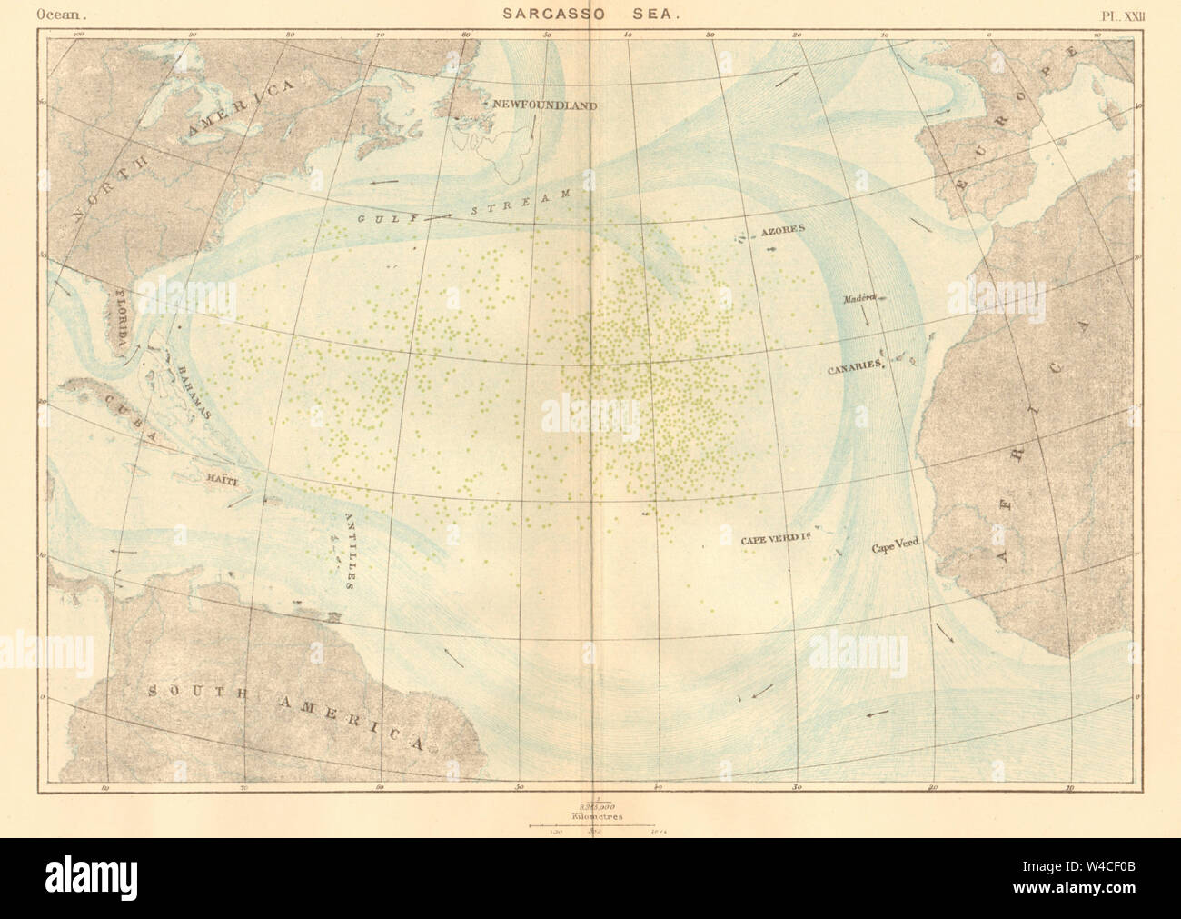 Sargassosee. Atlantik 1886 alte antike vintage Karte plan plan Stockfoto