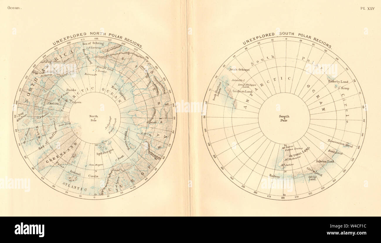 Unerforscht North & South Polar Regionen. Arktis Antarktis 1886 alte antike Karte Stockfoto