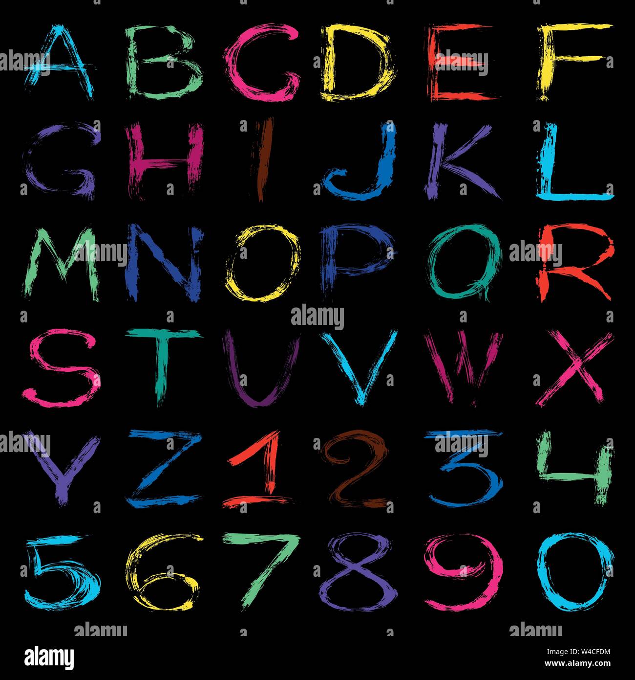 Farbige graffiti Alphabet und Zahlen auf schwarzem Hintergrund Vector Illustration Stock Vektor