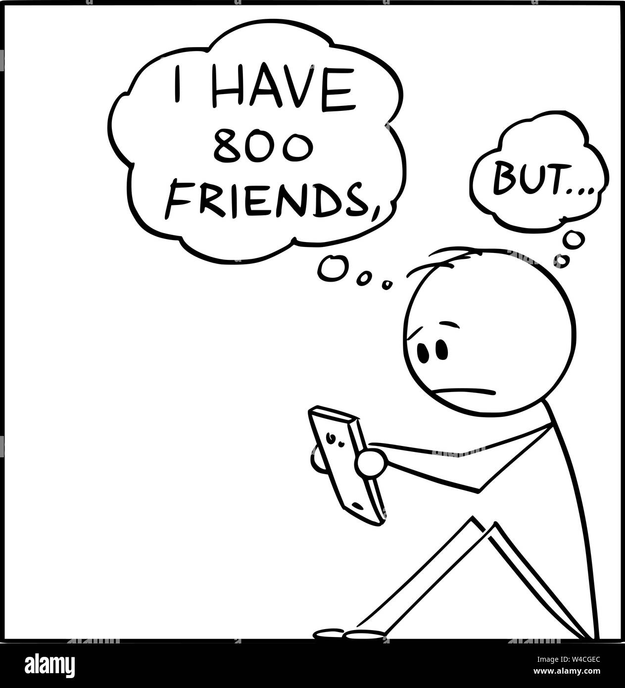 Vektor cartoon Strichmännchen Zeichnen konzeptionelle Darstellung der einsame Mann mit vielen virtuellen Freunden über soziale Netzwerke im Internet, aber alleine ohne echte Freunde. Stock Vektor