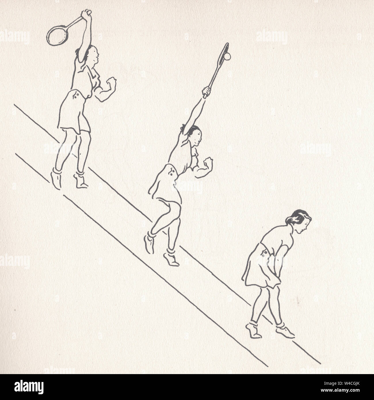 Overhead erreichen Illustrationen von Lawn Tennis. Darf ich mich Ihnen vorstellen? Wie Tennis zu spielen Buch von Evelyn Dewhurst mit Skizzen von Aubrey Weber. Veröffentlicht. Stockfoto