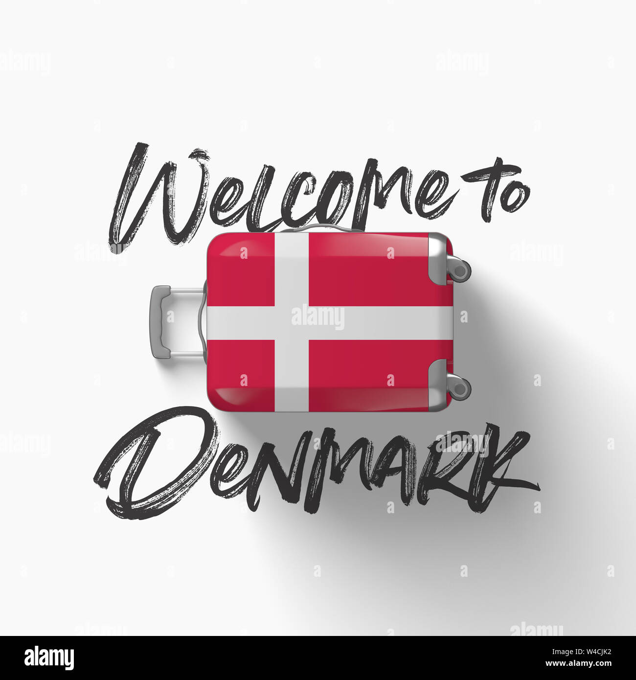 In Dänemark Willkommen. National Flagge auf einem Reisekoffer. 3D-Rendering Stockfoto