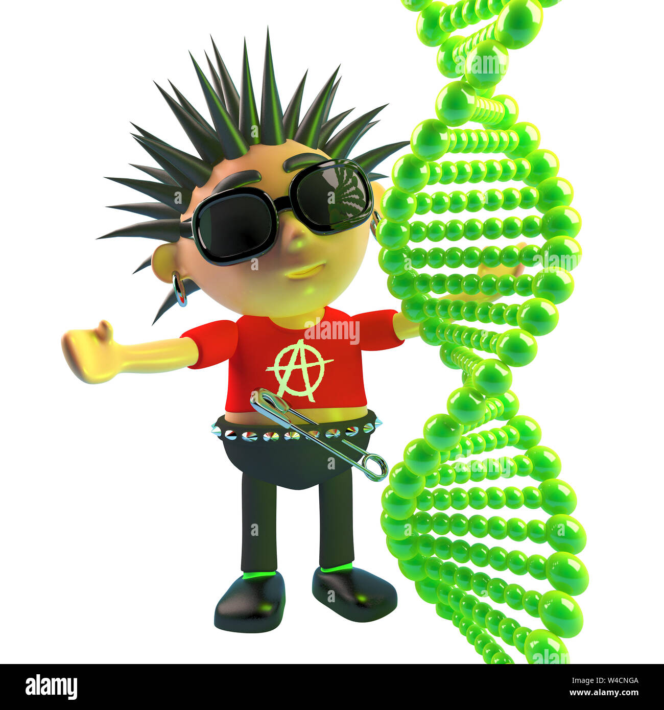 Das gerenderte Bild von einem Cartoon Teufelskreis punk rock Charakter zu einem DNA-Strang suchen, 3 Abbildung d Stockfoto