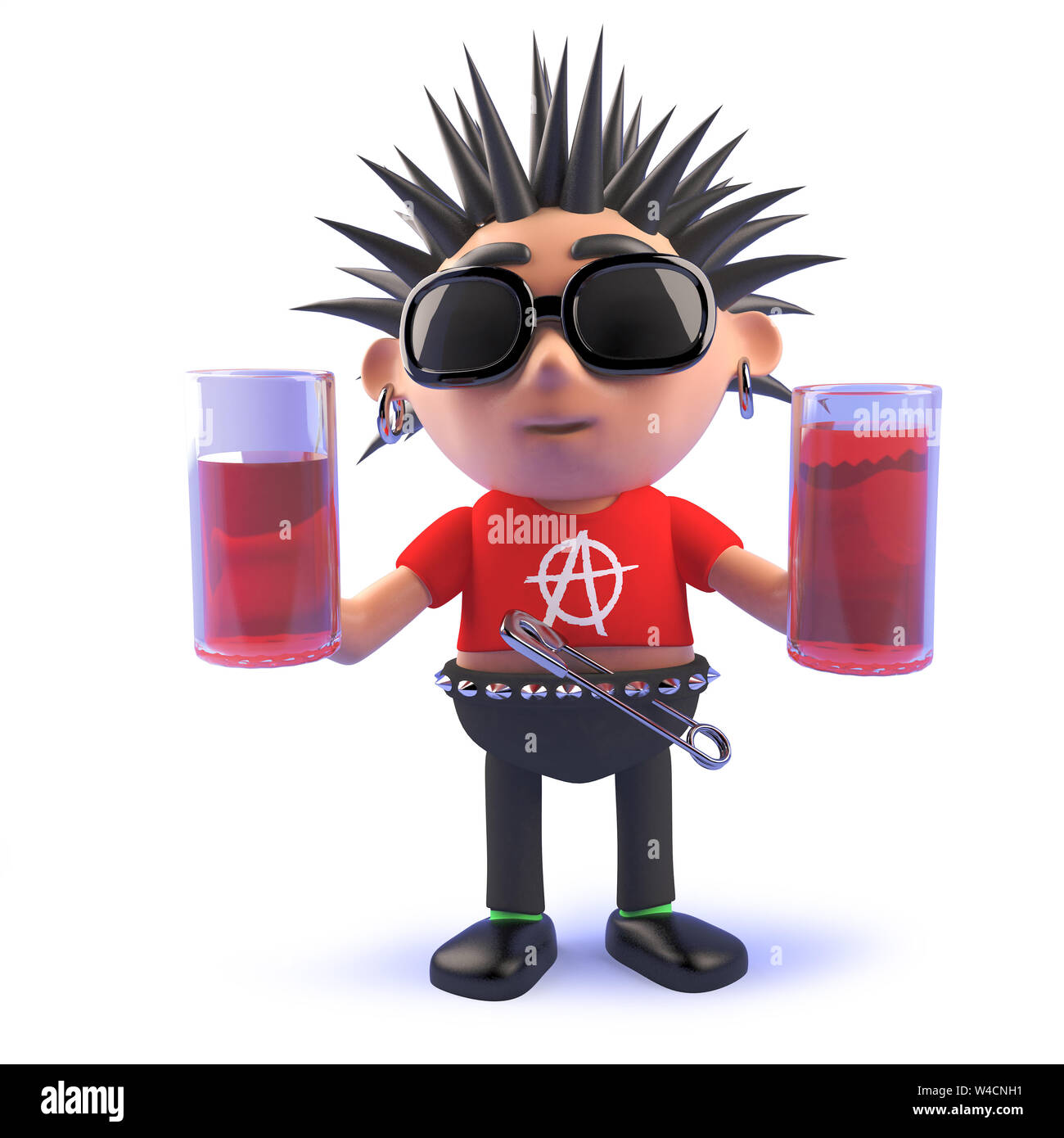 Ein gerendertes Bild eines 3d cartoon Teufelskreis punk rock Charakter halten zwei Gläser trinken Stockfoto