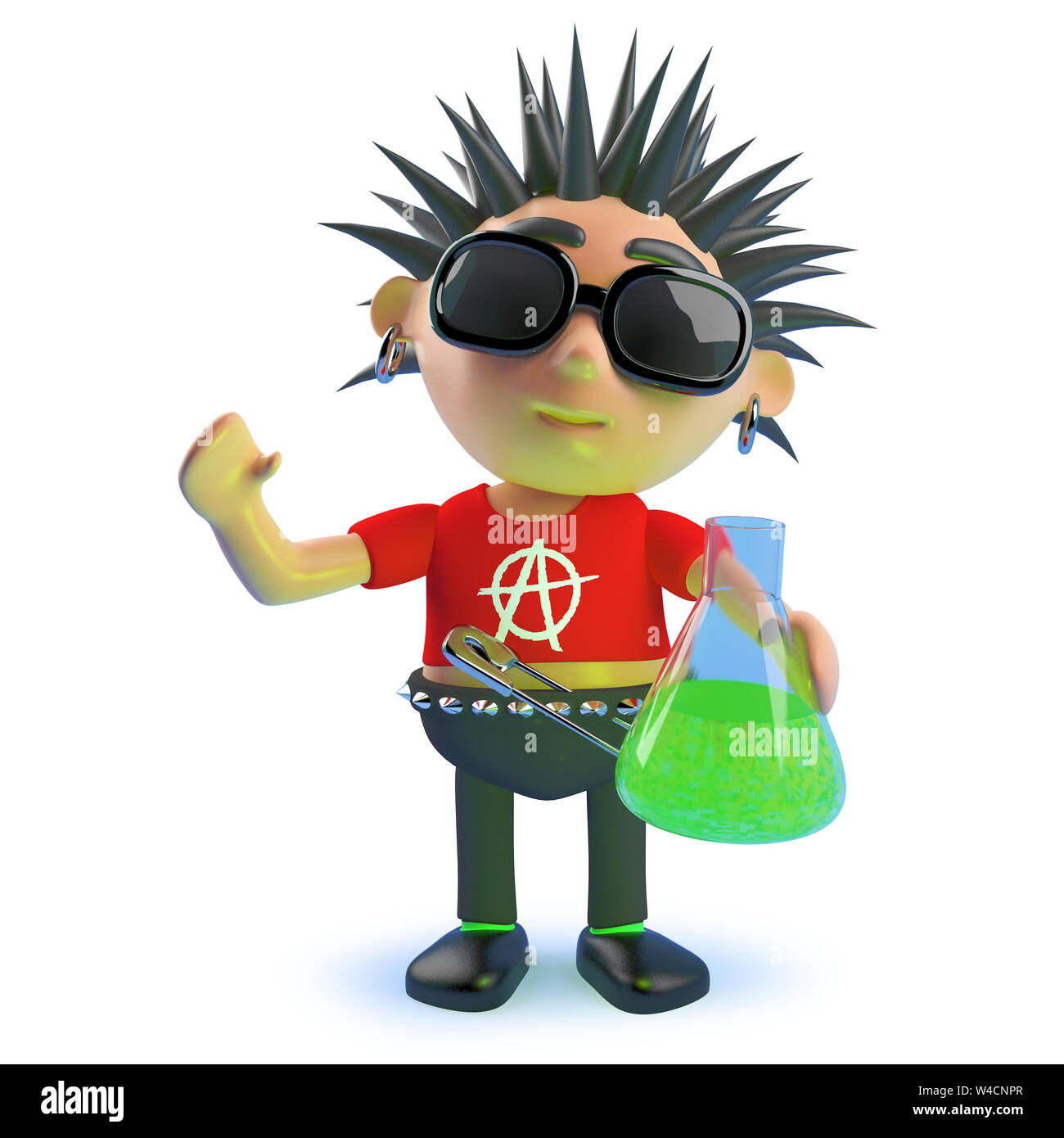 Das gerenderte Bild von einem Cartoon faulen Punk Rock Charakter mit einem Kolben der grünen Flüssigkeit, 3 Abbildung d Stockfoto
