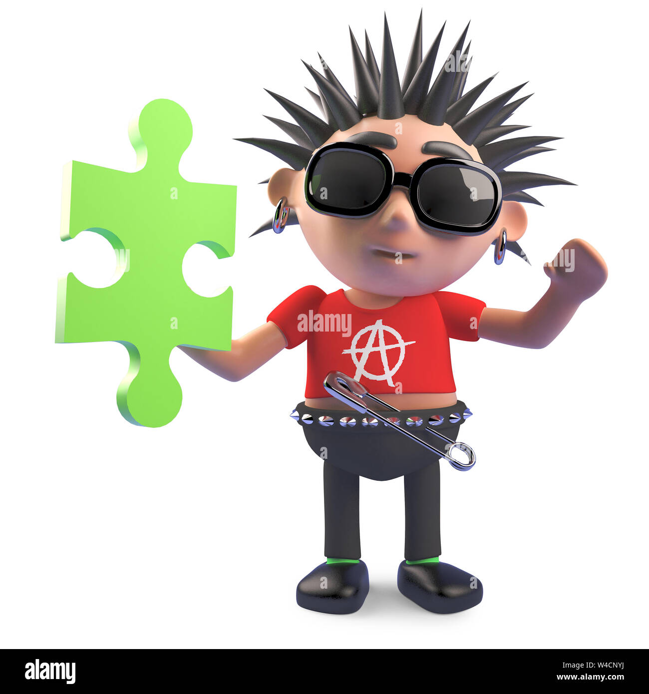 Hardcore Punk Charakter hat ein Stück des Puzzles gefunden, 3d-Grafik rendern Stockfoto