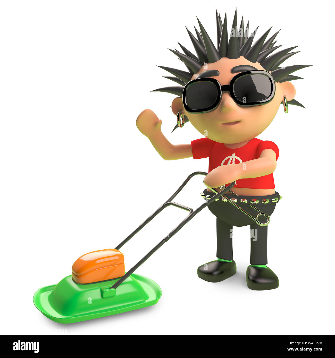 Cartoon spiky Punk Rocker, den Rasen mit dem Rasenmäher, 3d-Grafik rendern Stockfoto