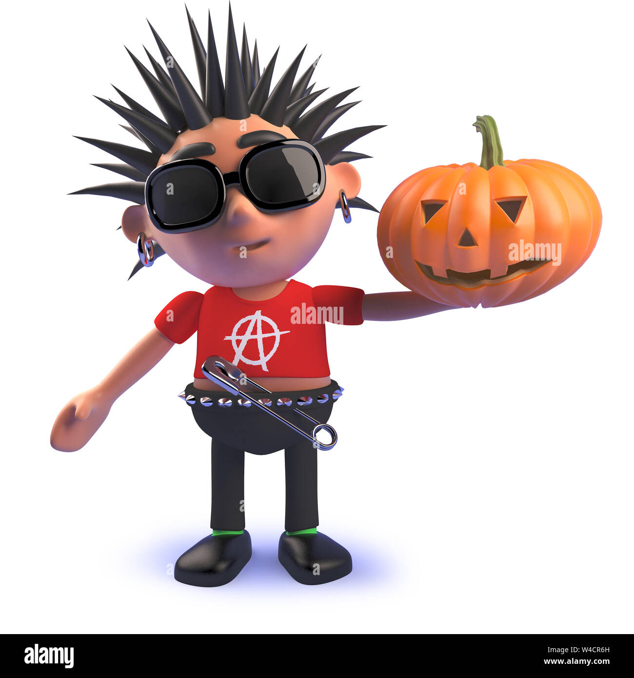 3D-Bild von einem Cartoon Teufelskreis 3d-punk rock Charakter mit einem Halloween Kürbis gerendert Stockfoto