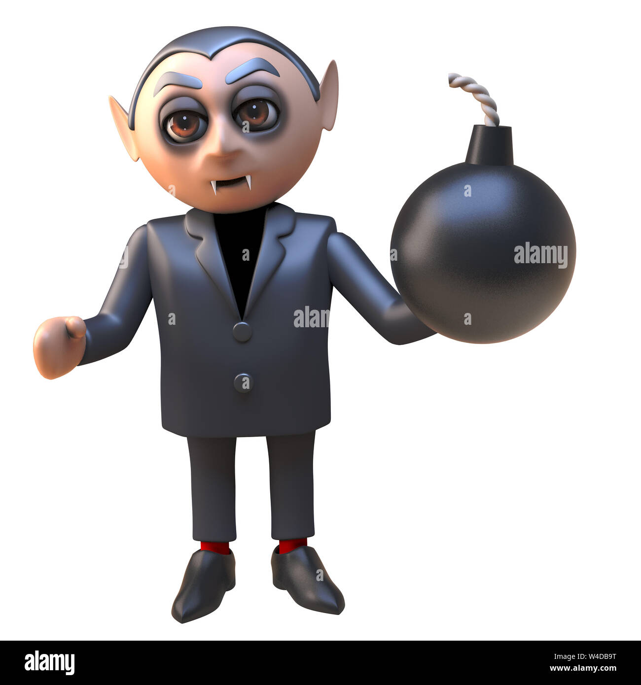 Gefährlicher Vampir Dracula Charakter mit Schießpulver Bombe, 3d-Grafik rendern Stockfoto