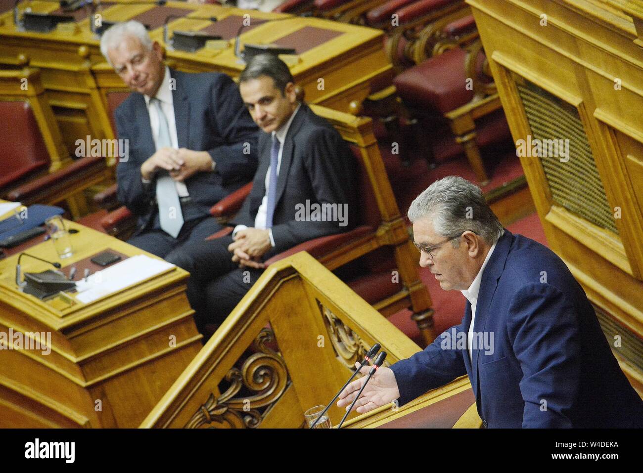 Athen, Griechenland. 20. Juli 2019. Generalsekretär der Kommunistischen Partei Griechenlands, Dimitris Koutsoumbas spricht während des ersten Tages der politischen Erklärungen der neuen griechischen Regierung im griechischen Parlament in Athen. Credit: Giorgos Zachos/SOPA Images/ZUMA Draht/Alamy leben Nachrichten Stockfoto