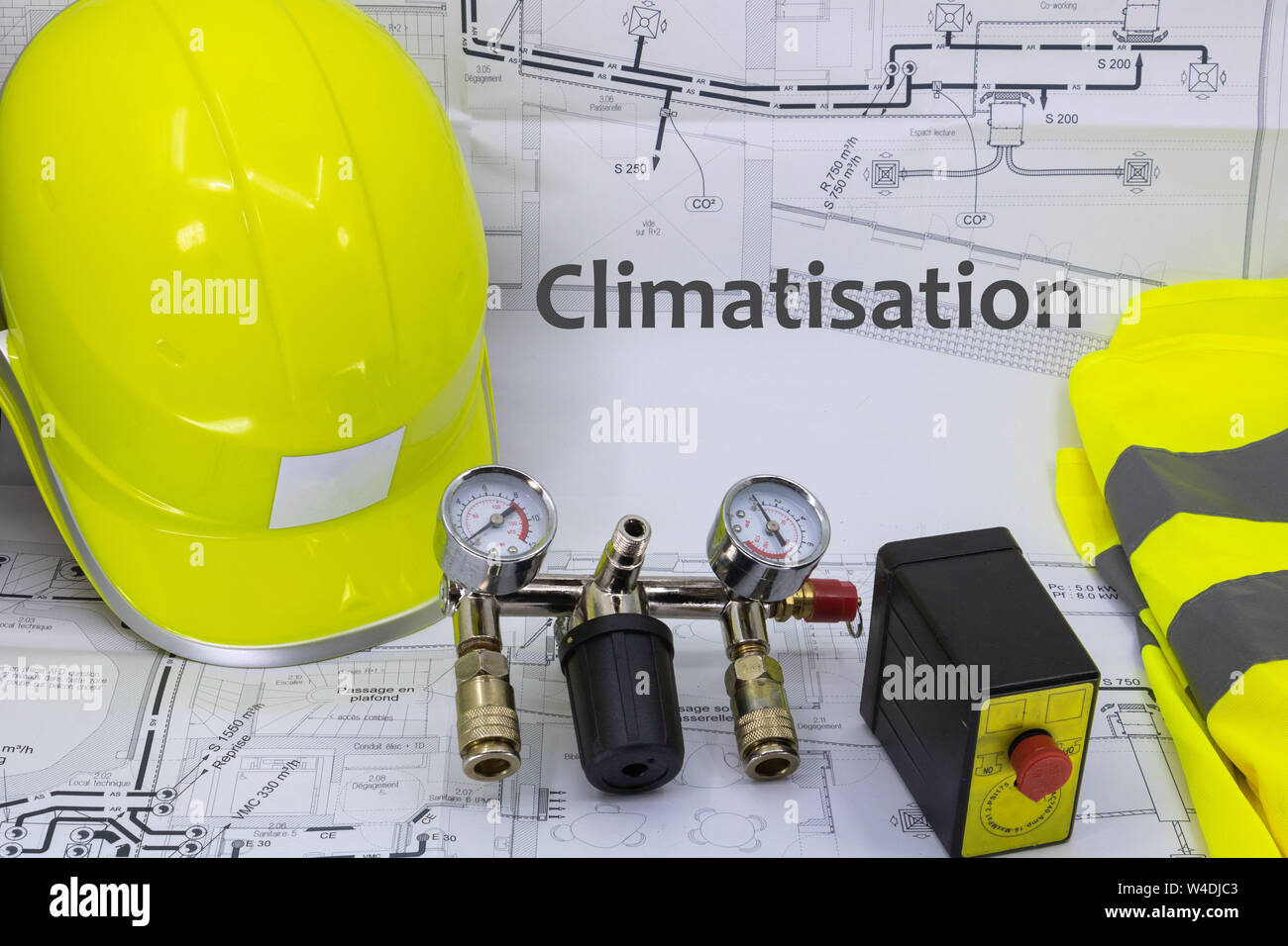 Klimaanlage Grafik Ressource mit Home Planen Sicherheitsausrüstung und Sanitär Anlagen (Klimatisierung, Klimaanlage auf Französisch geschrieben) Stockfoto