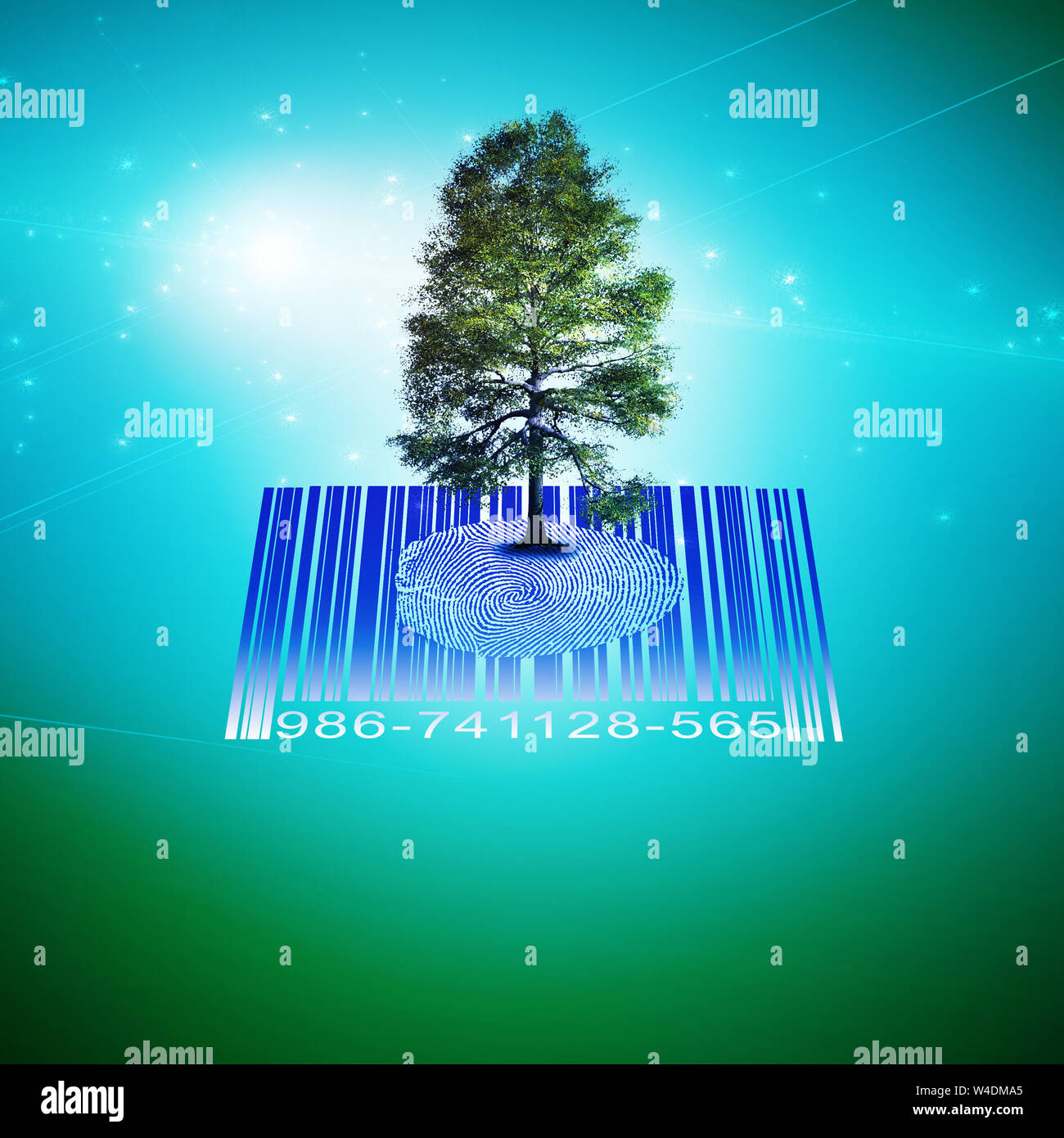 Eco Komposition. Grüner Baum auf Fingerabdruck und Barcode. Stockfoto
