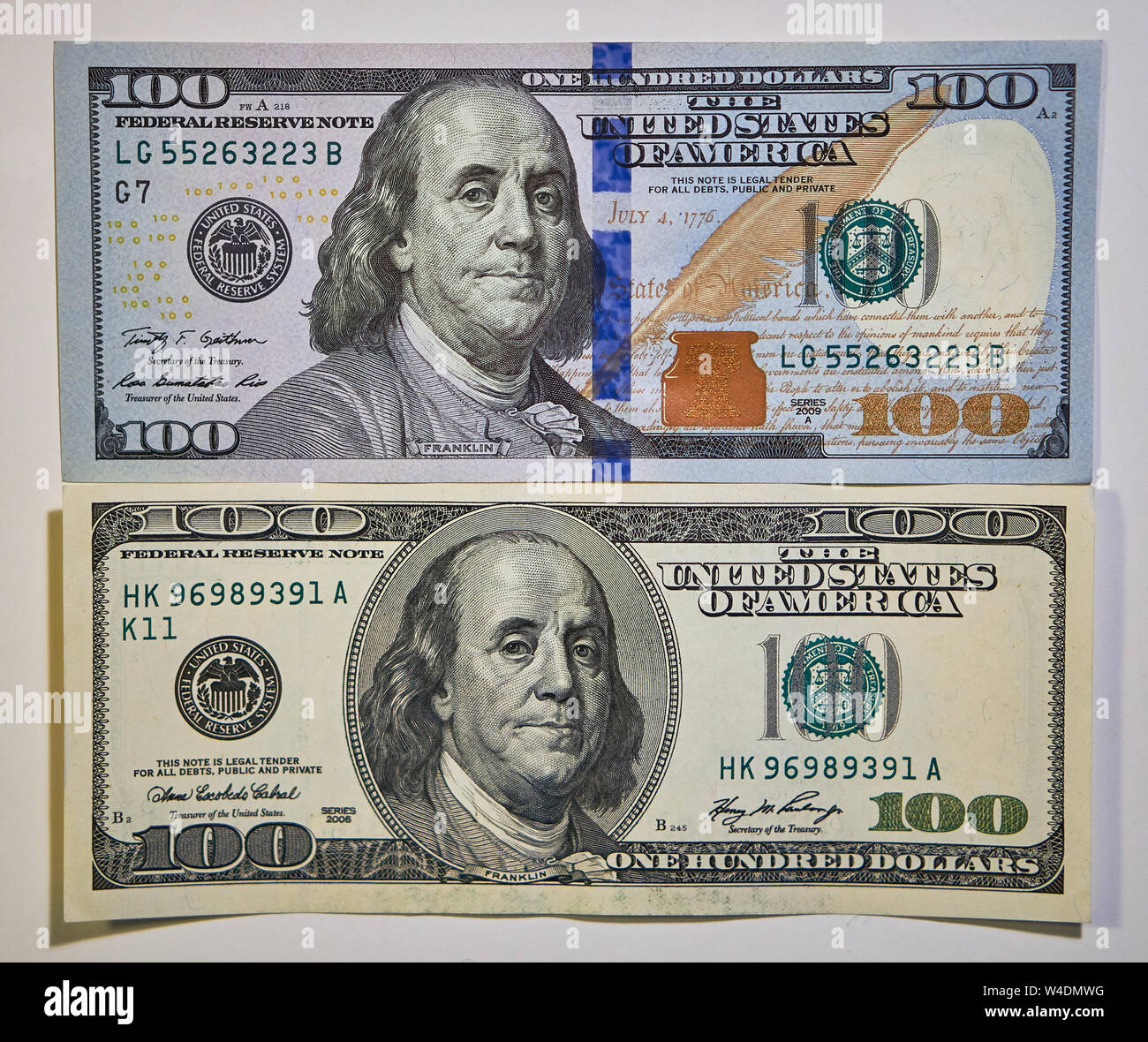 Vergleichen alte und neue Noten von 100 US-Dollar auf weißem Hintergrund Stockfoto