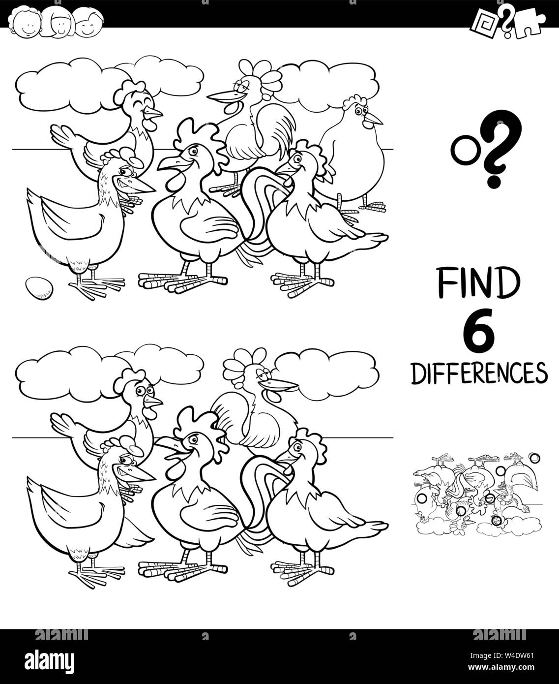 Schwarze und Weiße Cartoon Illustration des Findens von sechs Unterschiede zwischen den Bildern Lernspiel für Kinder mit Hennen und Hähne Farm Animal Char Stock Vektor