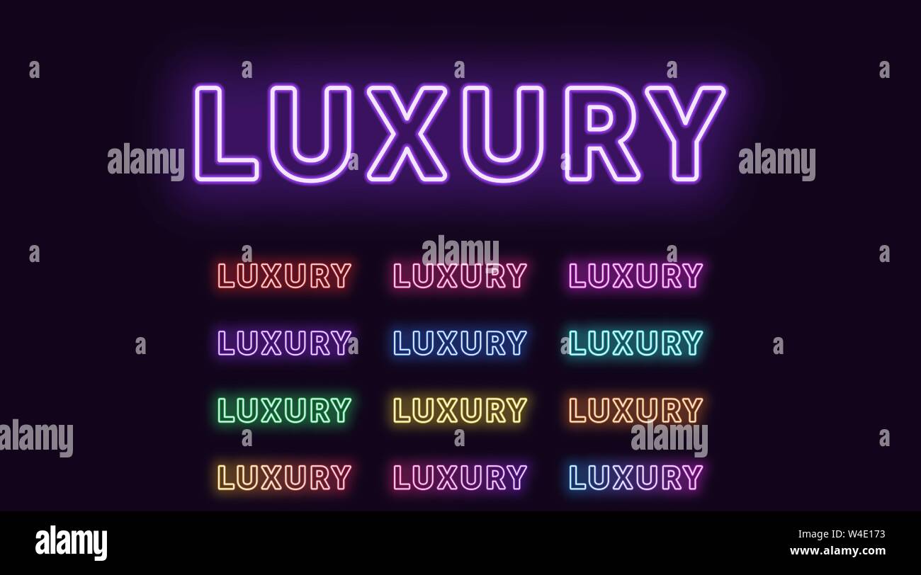 Neon text Luxus, ausdrucksstarken Titel. Satz von glühenden Wort Luxus in Neon outline Style mit transparenten Hintergrundbeleuchtung. Vector Kit, rot rosa lila Violett bl Stock Vektor