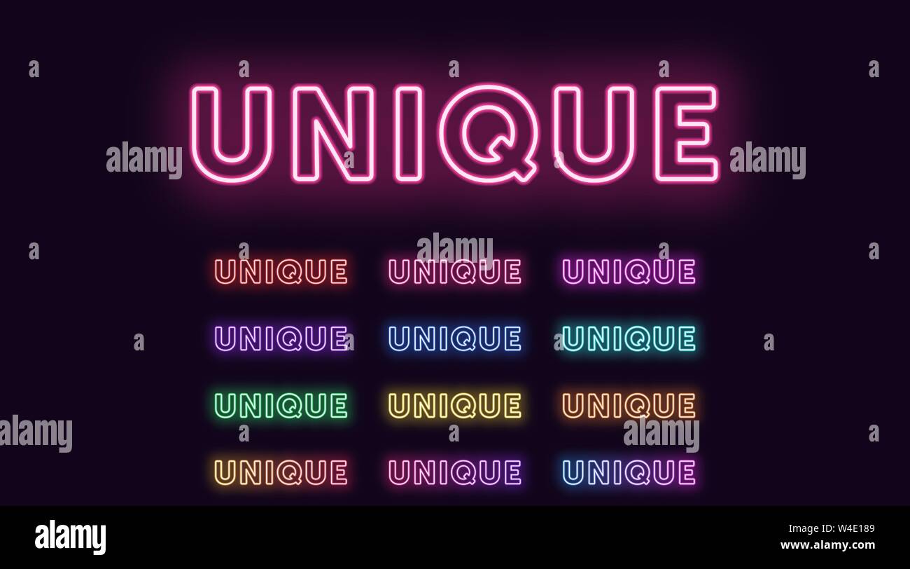 Neon Text eindeutige, aussagekräftige Titel. Satz von glühenden Wort Einzigartig in Neon outline Style mit transparenten Hintergrundbeleuchtung. Vector Kit, rot rosa lila Violett bl Stock Vektor