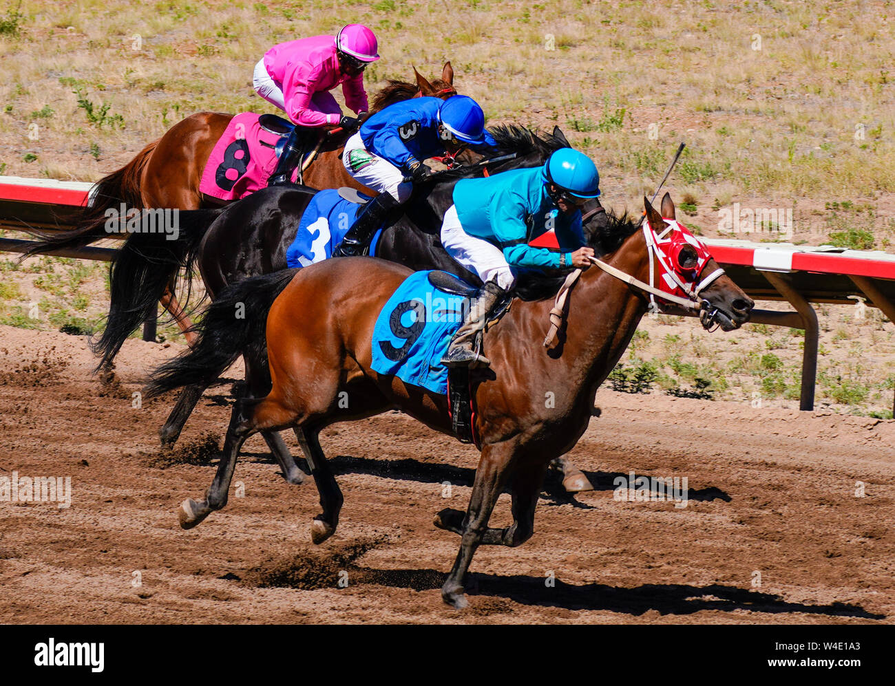 Rennpferde und farbenfroh gekleideten Jockeys in Richtung Ziellinie - Version 1 Stockfoto