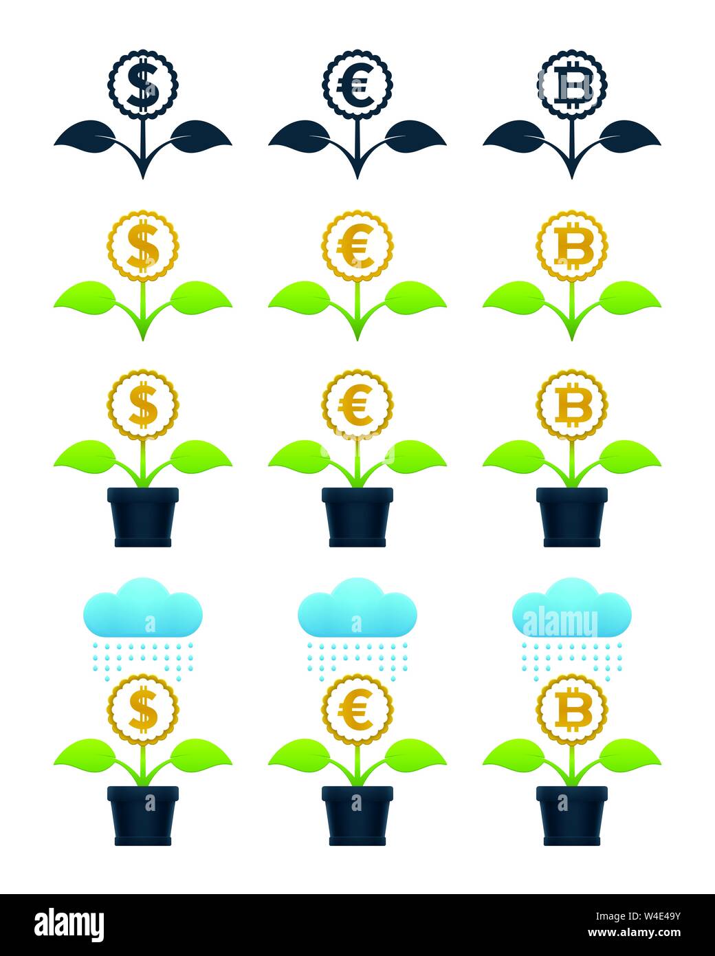 Abstrakte Blumen mit Währungen auf weißem Hintergrund. Finanzielle Wachstum Konzept Design. Stock Vektor