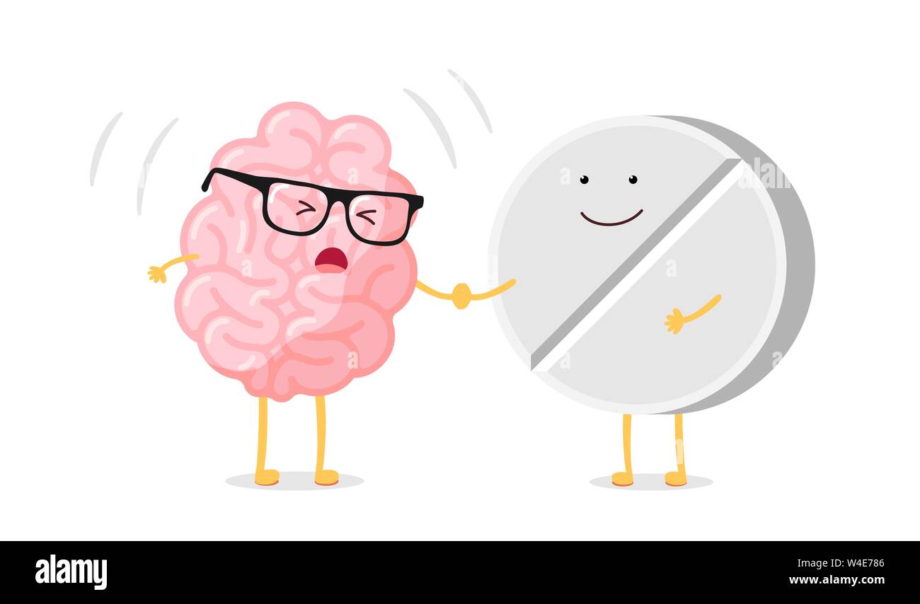 Cute cartoon kranke menschliche Gehirn mit Kopfschmerzen und Medizin Pille. Kranke Zentralnervensystem Orgel. Flache Vektor cartoon Schmerz Charakter Abbildung Stock Vektor