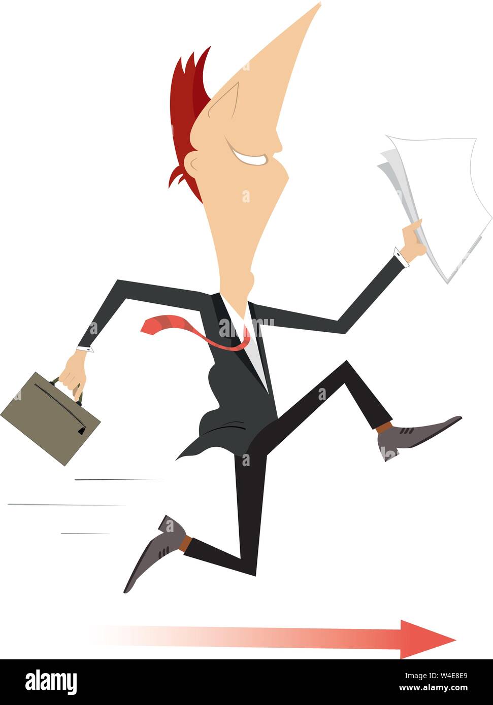 Running Geschäftsmann und der Pfeil Zeichen unter seinen Füßen Konzept Illustration. Lächelnder Mann mit Papieren und Tüte, die auf dem Pfeilschild isoliert herumliefen Stock Vektor