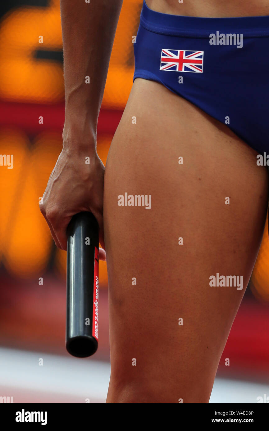 Ashleigh NELSON (Großbritannien) auf den Start der Frauen 4x100m Staffel finale bei den 2019, IAAF Diamond League, Jubiläum Spiele, Queen Elizabeth Olympic Park, Stratford, London Stockfoto