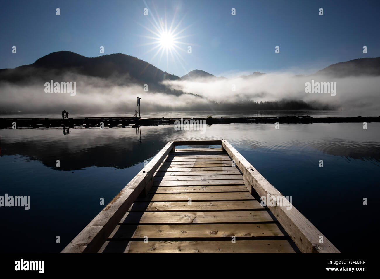 Nebliger Sonnenaufgang bei Westview Marina in Tahsis, in der Nähe der Gold River, Vancouver Island, British Columbia, Kanada Stockfoto