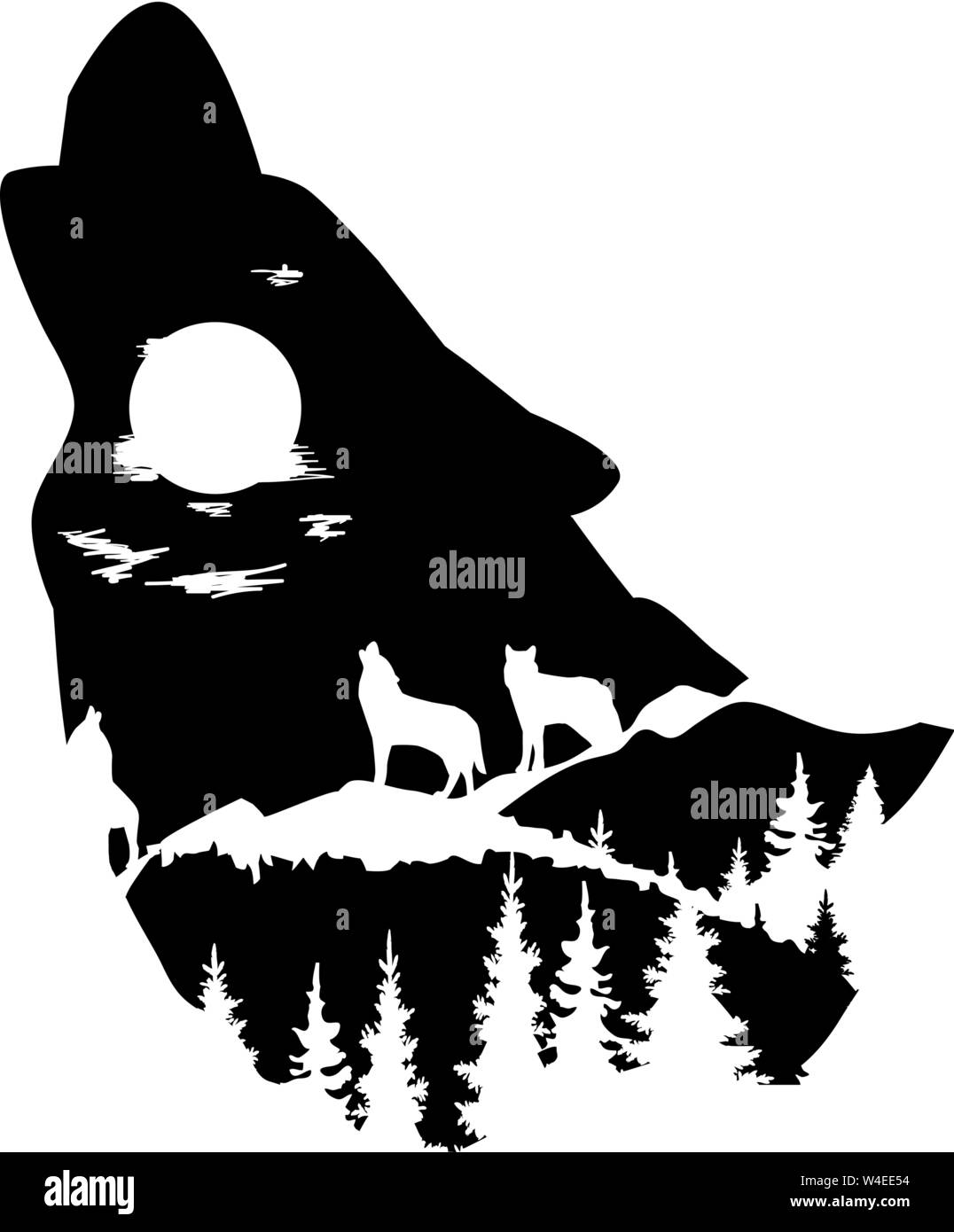 Vektor Wolfskopf Silhouette. Tierwelt. Wildnis, Natur Konzept. Kopf Silhouette mit Bergen, Wölfe, Wald. Stock Vektor