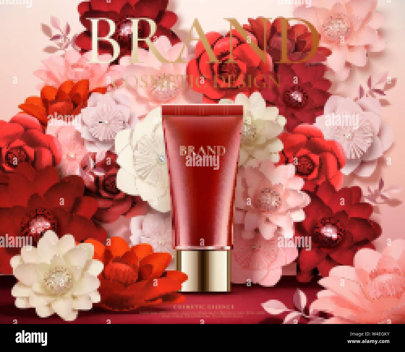 Kunststoffrohr Produkt anzeigen mit schönen Papier Blumen Dekoration in 3D-Darstellung, Rosa und Rot ton Stock Vektor