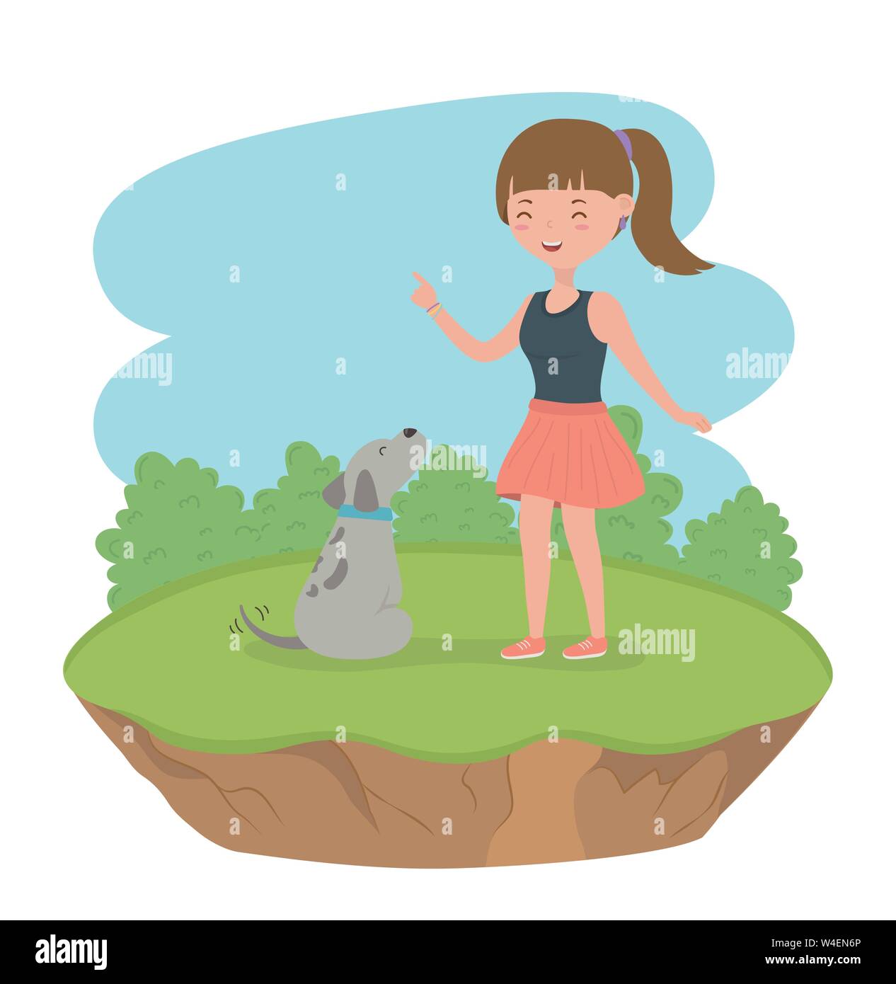 Junge Frau mit niedlichen kleinen Hund Maskottchen im Feld Vector Illustration Design Stock Vektor