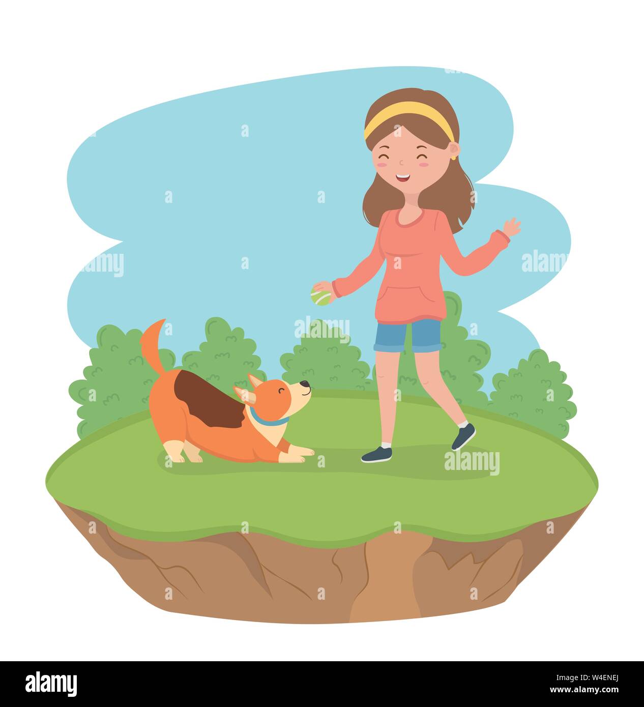 Junge Frau mit niedlichen kleinen Hund Maskottchen im Feld Vector Illustration Design Stock Vektor