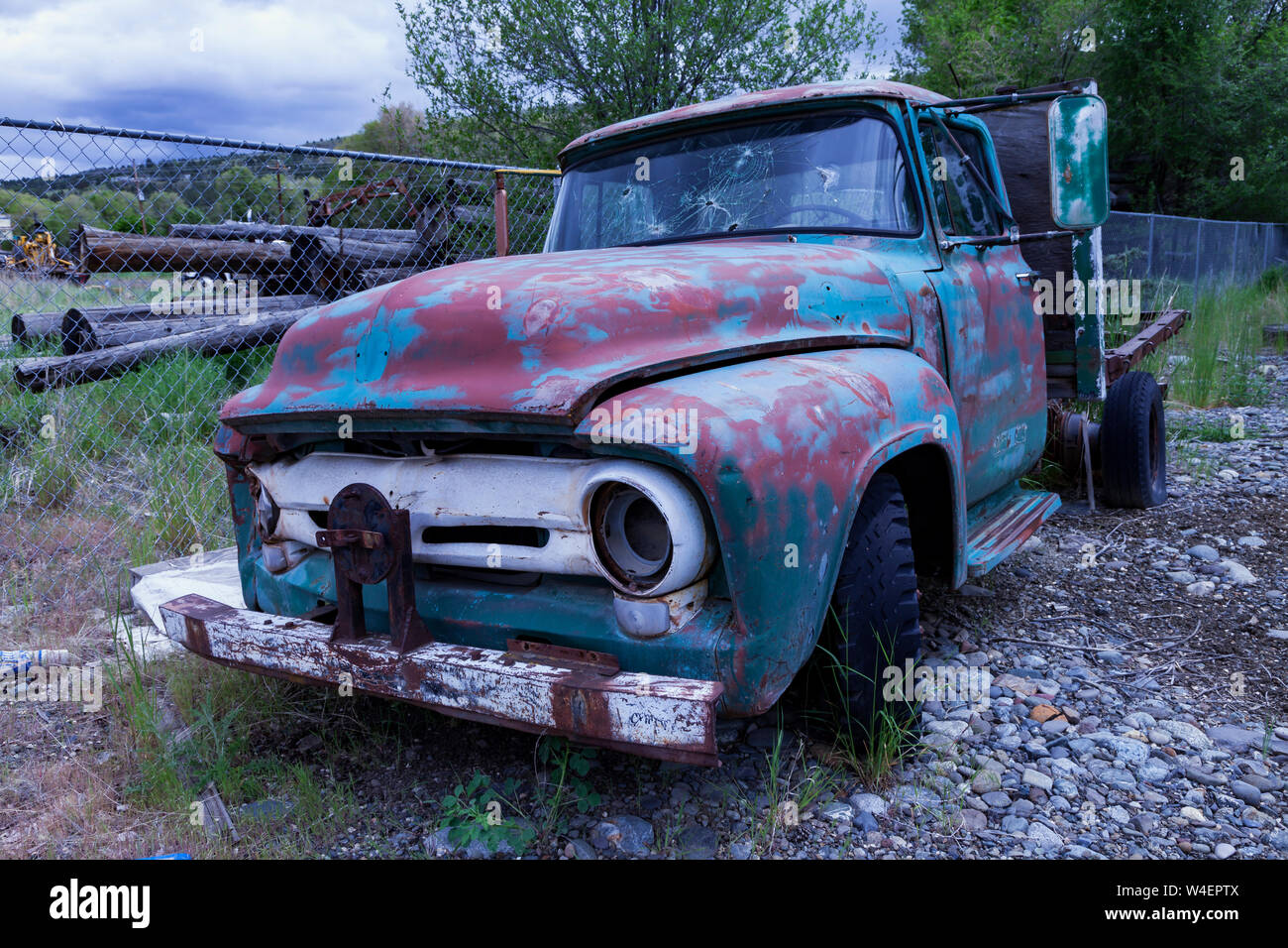 1956 Ford F-600 Truck sitzt in ein Außenlager in John Tag, Oregon. Stockfoto