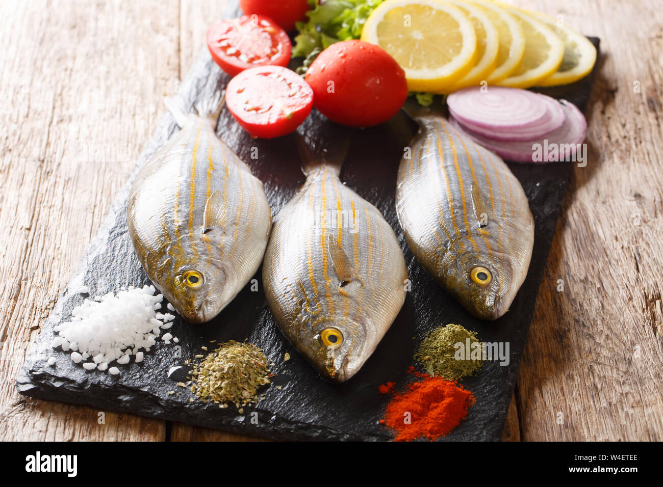 Raw Salema porgy oder Sarpa salpa mit frischem Gemüse und Gewürze close-up auf einer Schiefertafel Board auf dem Tisch. Horizontale Stockfoto
