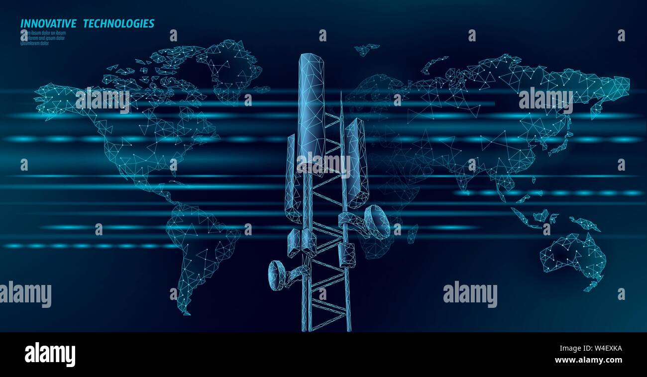 3d-Empfänger der Basisstation. Telecommunication Tower 4g polygonalen Design global connection Informationen Sender. Die Funkantenne zellulären Vektor Stock Vektor