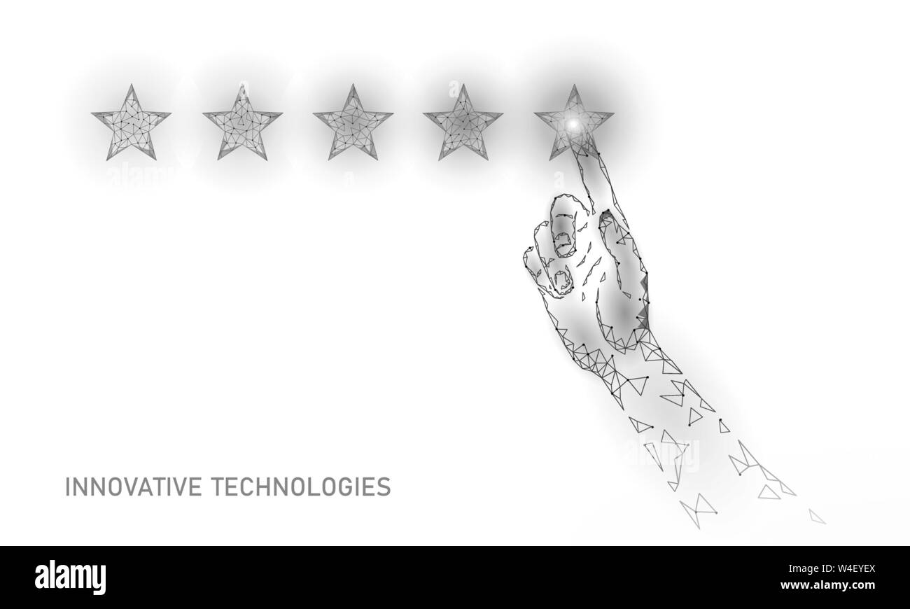 Low Poly 5 5 Sterne Bewertung Produkt Konzept. Positives Feedback Client Qualität Zufriedenheit gute Wahl. Polygonale top Service happy User Experience Stock Vektor