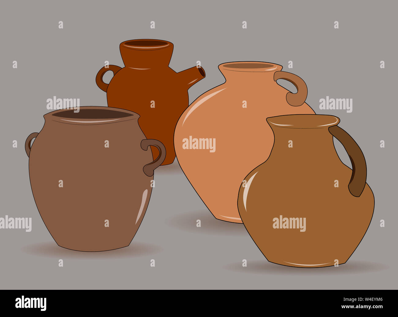 Flache Zeichnung des Kännchens. Ein Set aus Steingut Kannen.Geschirr für Getränke. Grau. Abbildung Stockfoto